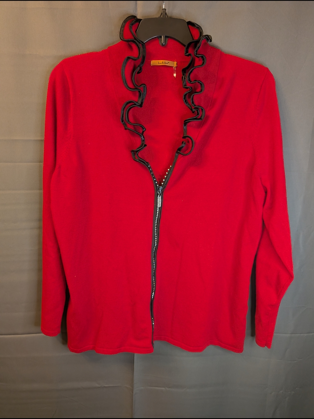 Belldini Red Full Zip Ruffle Neck Knit Cardigan Sweater Size L .. B